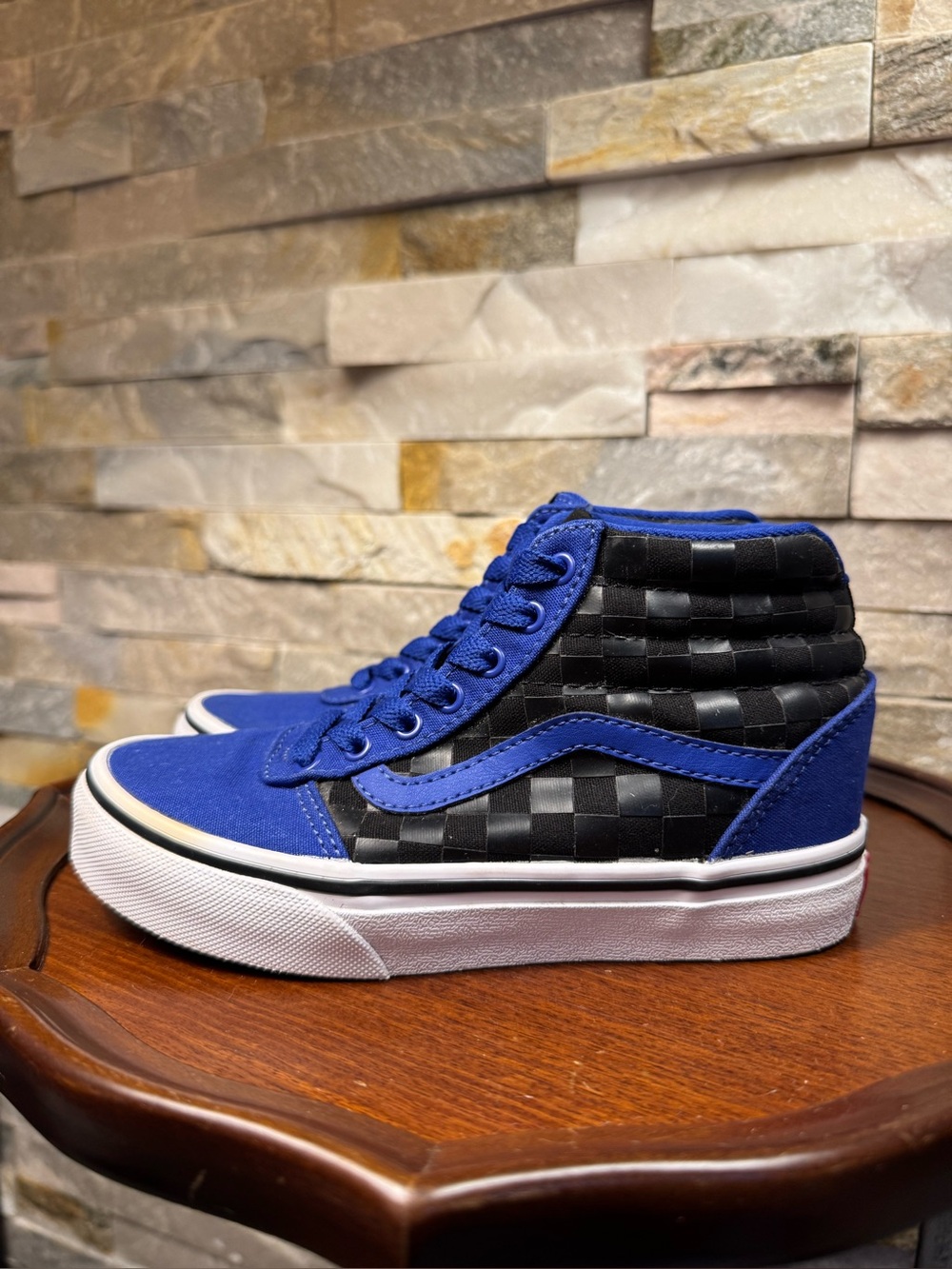 Unisex Sz 13 Vans Sk8-Hi High-Top Royal Blue Black Checkered Pattern Sneakers